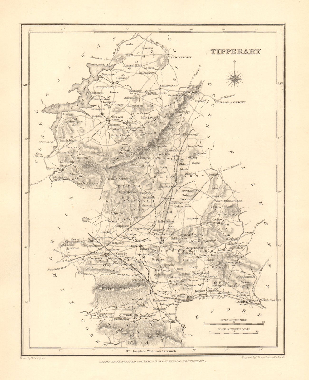 COUNTY TIPPERARY antique map for LEWIS by CREIGHTON & DOWER - Ireland 1846
